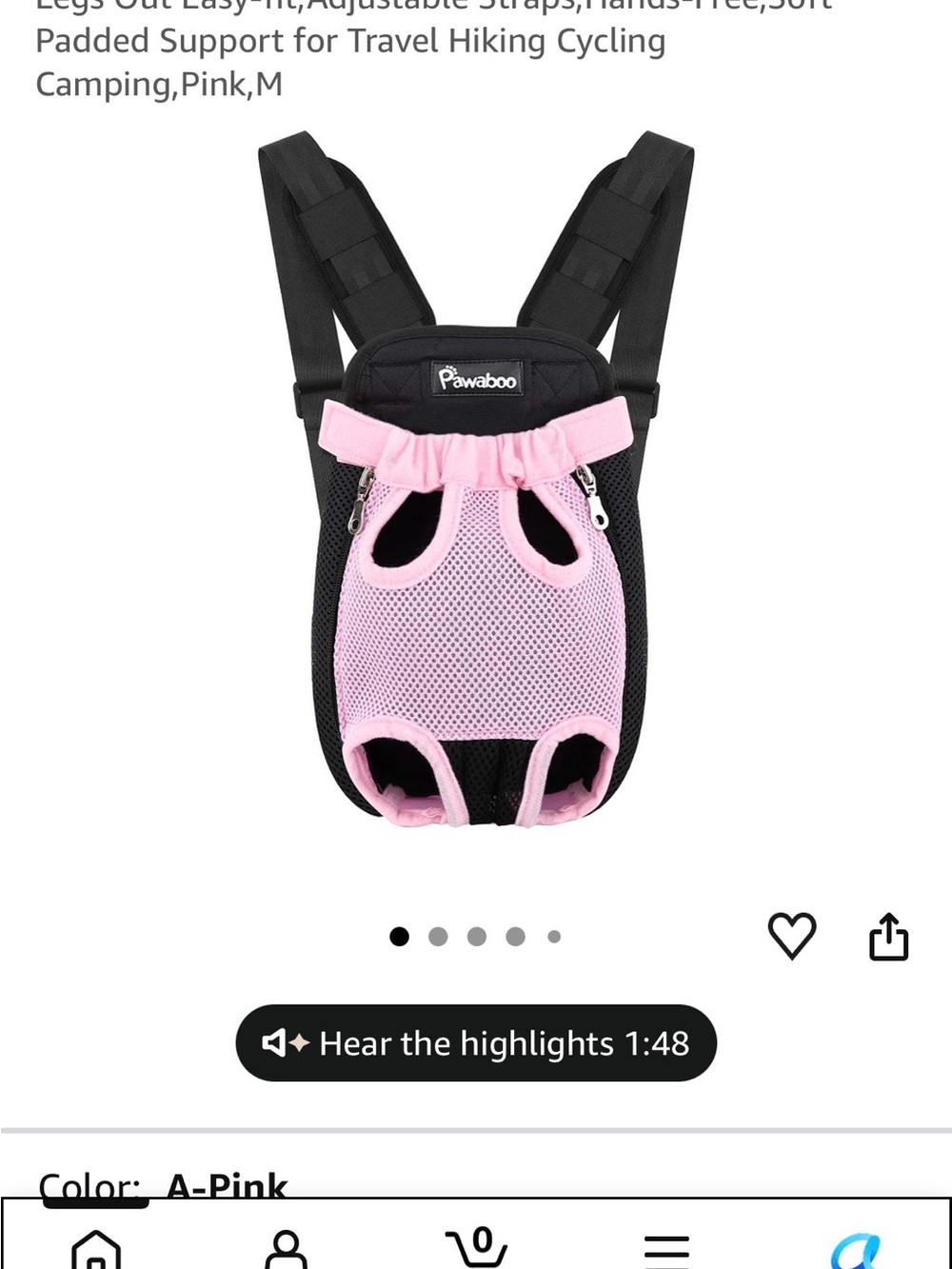 Pawaboo Front Carrier Dog - Pink